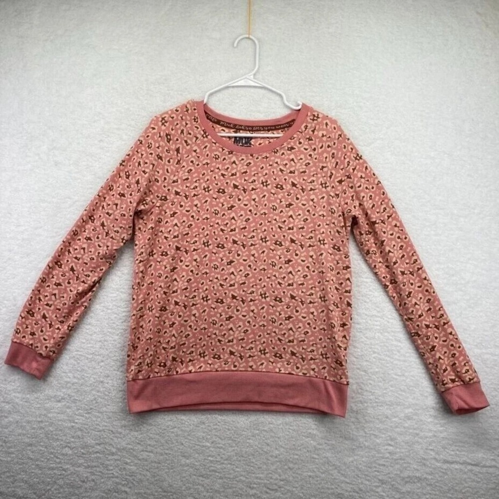 MUK LUKS Women's Medium Pink Leopard Print Long Sleeve Pullover Sweatshirt‎ Top